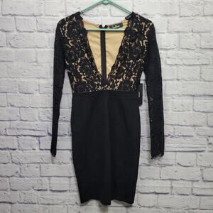 NWT Lulus Swooner or Later Black Plunge Neck Dress Size S Lace Long Sleeve